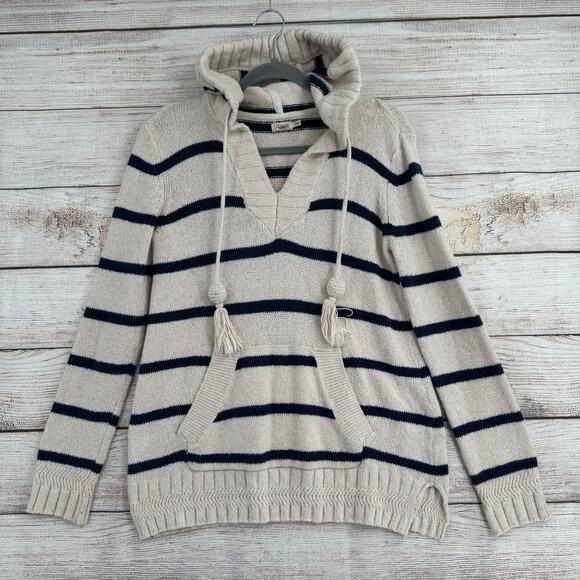 Faherty Kent Striped Hoodie Sweater Womens XS Ivory Blue Tassled Drawstring - Picture 1 of 13